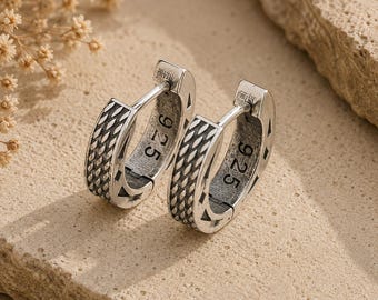 Sterling Silver Huggie Earrings for Men Women, Oxidized Textured Hoops, Gothic Ear Jewelry, Small Chunky Creole, Alternative Gift for Him