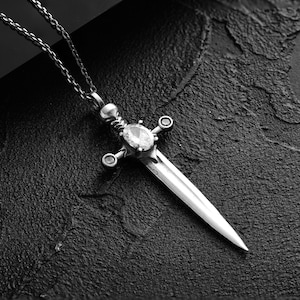 925 Sterling Silver Knight Sword Necklace | Sword Pendant Jewelry | Stone Sword Necklace | Unisex Warrior Pendant | Unique Gift for Him