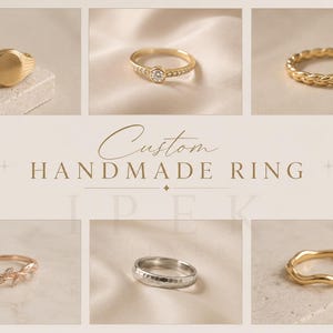 Pode incluir: Uma coleção de seis anéis incluindo um anel de sinete dourado, um anel dourado com uma pedra central, uma banda trançada dourada, uma banda de ouro rosa em forma de folha, uma banda prateada martelada e uma banda dourada ondulada. Texto: Custom HANDMADE RING IPEK.