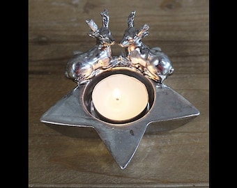 Reindeer Stag  Silver Tealight Holder Christmas resin