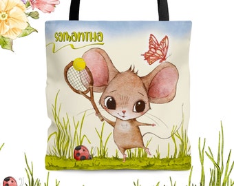Tennis Mouse – Kids Tote Bag | Optional Personalization | Fun Tote Bag for Kids | Kids Designer Bag | Custom Kids Tote | Gift for kids