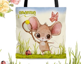 Ratón de tenis – Bolsa de asas para niños | Personalización opcional | Bolsa de mano divertida para niños | Bolso de diseñador para niños | Tote personalizado para niños ? regalo para niños