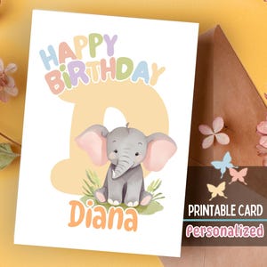 Personalized Printable Birthday Card for Kids – with Baby Elephant and Name Initial – Monogram Card | Custom Animal Card | Children‘s Gift