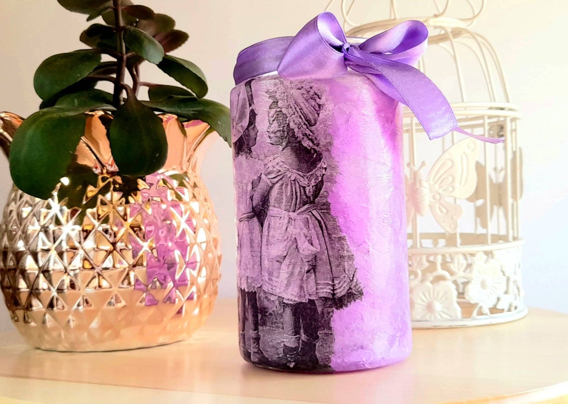 Lila schäbige schicke Glas Glas Decoupage Lagerung Maurer Glas | Etsy
