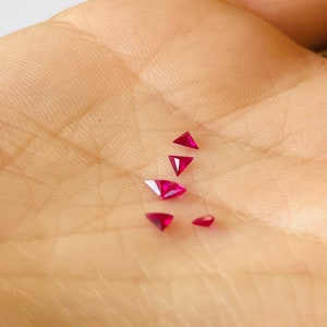 Può includere: Cinque piccole pietre preziose triangolari di colore rosso rubino su una mano.