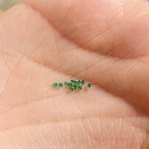 May include: A handful of small, emerald-green, square-cut gemstones. The gemstones are scattered across the palm of a hand, with a warm, neutral background.