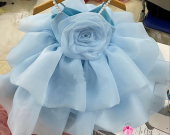 Blue Organza Girl Dress - Custom Size Baby Dress - Elsa Birthday Theme - Blue Tulle Dress