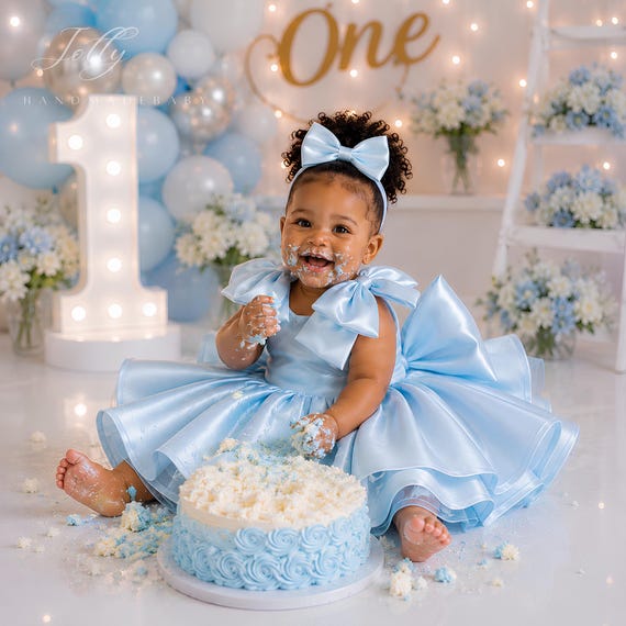 one year birthday dress Blue Cake Smash for Baby Girl, 1st Dress, Light Blue Birthday Outfit, Toddler Princess Party Dress With Bow Headband COLOR_389_LILAC-WHITE Sweet Elegant Black Dress Color:Peony which is completely handmade
