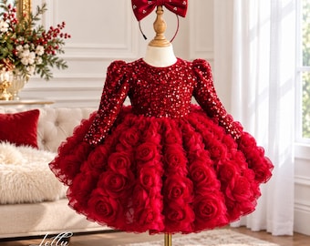 Red Christmas Dress for Baby Girl, Long Sleeve Sequin Gown with 3D Rose Skirt, Toddler Princess Party Dress and Bow Headband