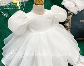 Robe en organza blanche avec perles, Jolie robe pour bébé fille, Robe de soirée pour fillette, Robe de mariée blanche pour fille