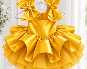 Golden Yellow Satin Baby Dress, Ruffle Sleeve Princess Party Gown