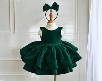 Emerald Green Velvet Christmas Dress for Girls with Tiered Ruffle Skirt - V Back