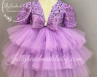 LAVENDER Sequin Girl DRESS | Girls Flower Fluffy Dress with Bow | Infant Girl Dresses | Girl Birthday Outfit | | Birthday Wear Dress