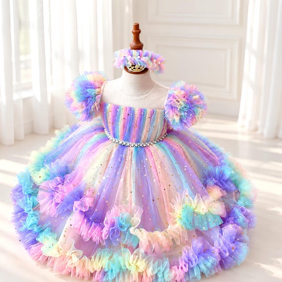 rainbow layered dress Tulle Dress: Baby Girl Birthday Party Outfit prom rainbow dress