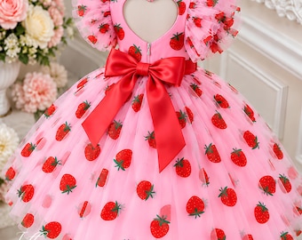 Pink Strawberry Tulle Dress for Baby Girl, Handmade Birthday Party Outfit, Red Bow Summer Photo Dress