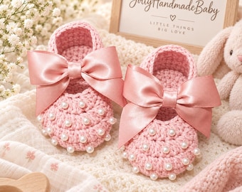 Dusty Rose Crochet Baby Booties with Pearl Beads and Satin Bows, Handmade Newborn Shoes