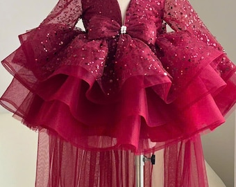 Vestido de tul burdeos para bebé niña, vestido de lujo abullonado para niña pequeña, vestido de lentejuelas de manga larga para niña de las flores, vestido para fiesta de cumpleaños, color y talla personalizados.