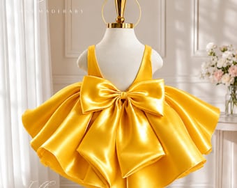 Yellow Satin Baby Dress, Shiny Princess Party Gown with Large Back Bow