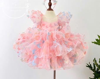 Butterfly Tulle Dress: Dusty Rose Baby Girl Birthday Gown