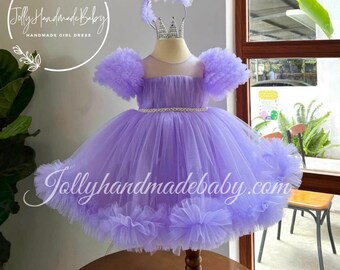 LAVENDER BABY DRESS | Girls Flower Fluffy Dress with Bow | Infant Girl Dresses | Girl Birthday Outfit | New Born Gift | Birthday Wear Dress