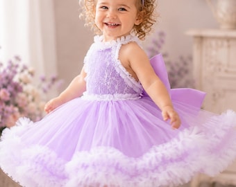 Abito da damigella color lavanda, abito da compleanno per bambina, abito da principessa in tulle viola, abito da festa per bambina piccola, abito da fata fatto a mano