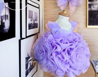 Lavender Rosy Dress Made By Organza And 100% Handmade - Include Big Bow Headband