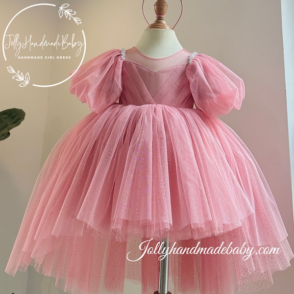 MAUVE FLUFFY DRESS | Dusty Rose Flower Baby Dress | Party Wear Outfit For Baby Girl | Satin Dress With Bow | Personalized Baby Girl Clothes