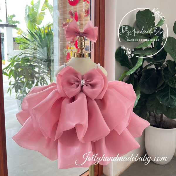 Dusty Rose Organza Dress | Girls Flower Fluffy Dress with Bow | Infant Girl Dresses | Girl Birthday Outfit | Birthday Wear Dress