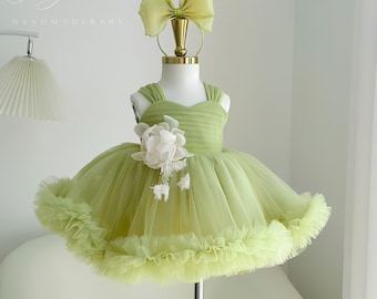 Sage Green Flower Girl Dress, Toddler Tulle Dress, Baby Girl Birthday Dress, Princess Wedding Party Dress, Handmade Baby Dress