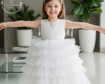 Vestido blanco de niña de las flores, vestido de bautizo para niñas, vestido de princesa de tul con volantes, vestido para fiesta de bodas, vestido de bautizo hecho a mano, talla personalizada