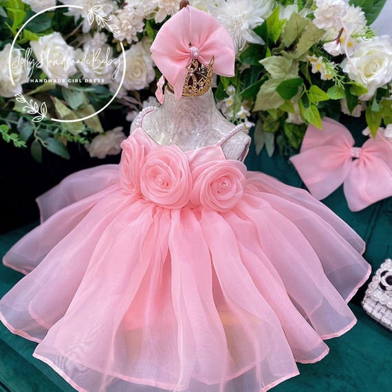 Blush Organza Rosette Dress: Handmade Baby Girl Birthday Outfit - Etsy  Singapore