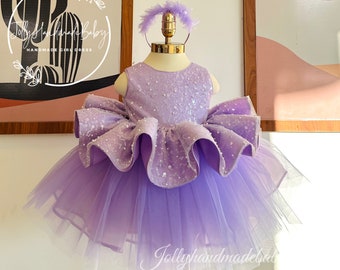 LAVENDER BABY DRESS | Girls Flower Fluffy Dress with Bow | Infant Girl Dresses | Girl Birthday Outfit | New Born Gift | Birthday Wear Dress