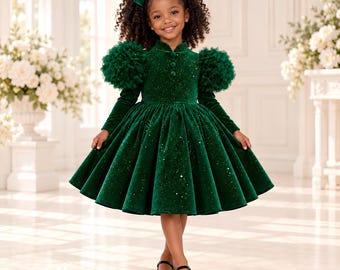 Emerald Green Glitter Velvet Dress for Girls, Long Sleeve Christmas Party Dress with Ruffle Shoulders