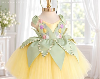 Girls Fairy Halloween Costume Dress, Yellow Green Tulle Princess Outfit