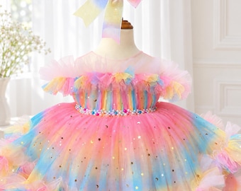 Rainbow Tulle Baby Girl Dress: Ruffle Birthday Party Dress