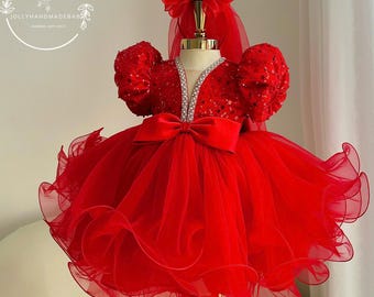 Rotes Baby-Tutu Kleid für Mädchen, glitzernde Pailletten Geburtstagskleid, Prinzessin Partykleid, Kleinkind Weihnachtskleid, handgefertigtes Blumenmädchen Outfit
