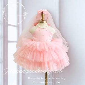Blush Pink Baby Girl Tulle Dress | Toddler Flower Girl Dress with Pearls | Birthday Party Outfit & Princess Gown
