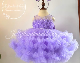 LAVENDER BABY DRESS | Girls Flower Fluffy Dress with Bow | Infant Girl Dresses | Girl Birthday Outfit | New Born Gift | Birthday Wear Dress