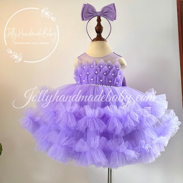 LAVENDER BABY DRESS | Girls Flower Fluffy Dress with Bow | Infant Girl Dresses | Girl Birthday Outfit | New Born Gift | Birthday Wear Dress