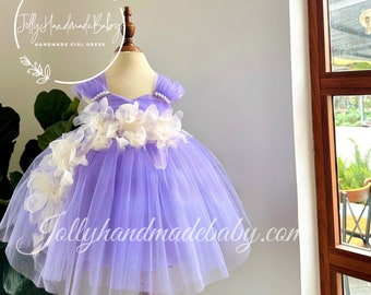 LAVENDER BABY DRESS | Girls Flower Fluffy Dress with Bow | Infant Girl Dresses | Girl Birthday Outfit | New Born Gift | Birthday Wear Dress