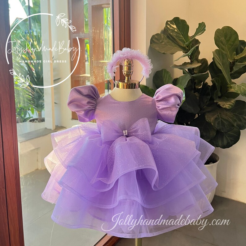 VESTIDO DE BEBÉ LAVANDA / Vestido esponjoso de flores para niñas con lazo / Vestidos para niñas pequeñas / Traje de cumpleaños para niñas / Regalo para recién nacidos / Vestido de cumpleaños imagen 1