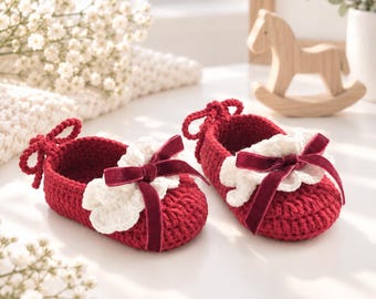 Red Crochet Baby Booties with White Flower Appliqués and Burgundy Bows, Handmade Newborn Shoes