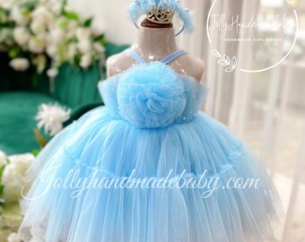 Blue Tulle Girl Dress - Custom Size Elsa - Elsa Birthday Theme - Blue Tulle Dress