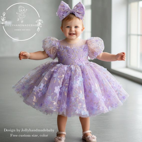 purple dress for birthday Toddler Princess Dress, Baby Girl Floral Tulle Dress, Puff Sleeve Dress, Lavender Fairy Party pmd