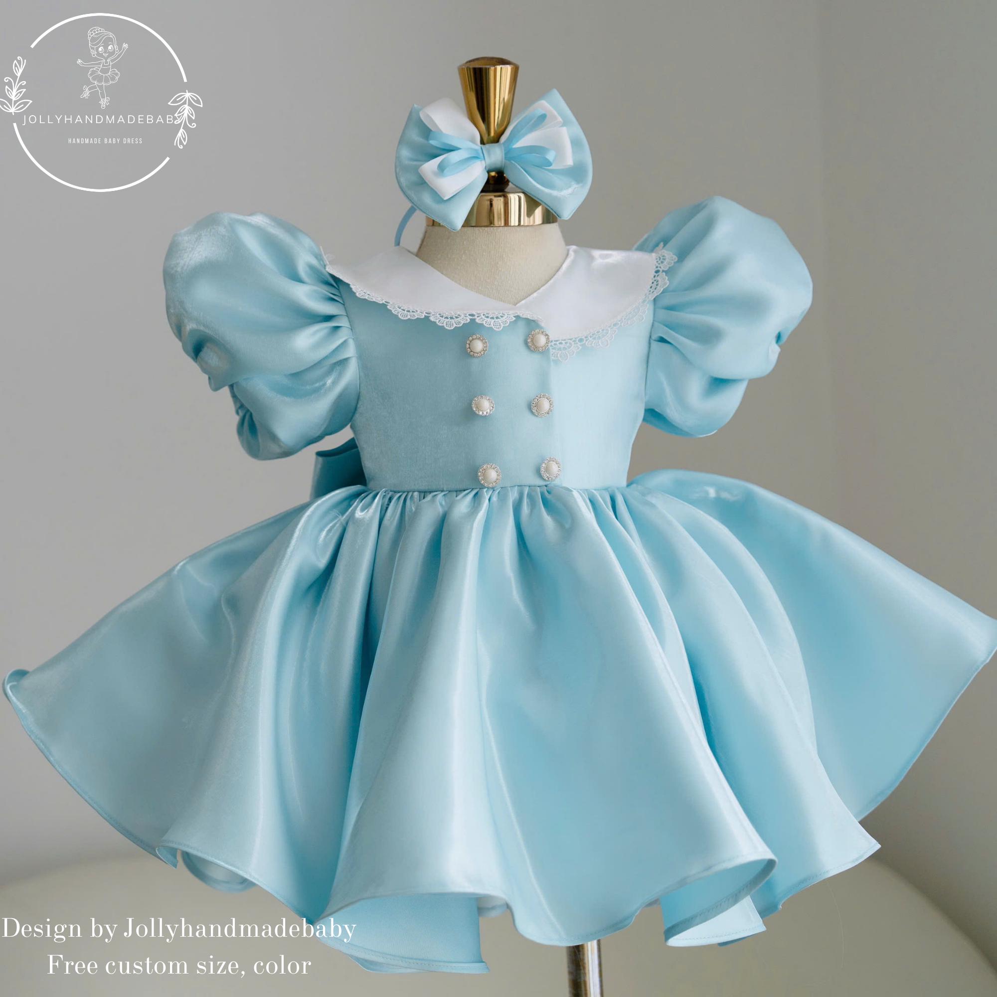 Luxury Blue Baby Girl Dress, Princess Birthday Dress, Puff Sleeve Toddler Dress, First Birthday Outfit, Handmade Flower Girl Dress