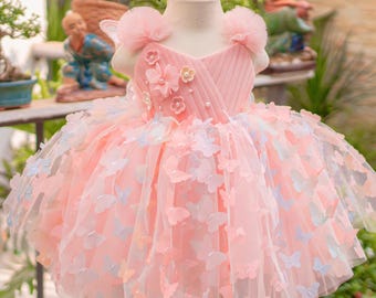 Pink Butterfly Tutu Dress for Baby Girl, Flower Girl Dress, 3D Butterfly Party Dress, Toddler Birthday Dress, Princess Tulle Dress