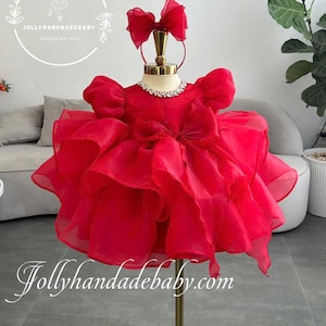 Luxury Red Organza Christmas Dress – Handmade Holiday Party Outfit for Girls