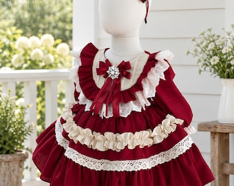 Vintage Lolita Christmas Dress for Girls, Burgundy Ruffle Party Dress with Lace Trim