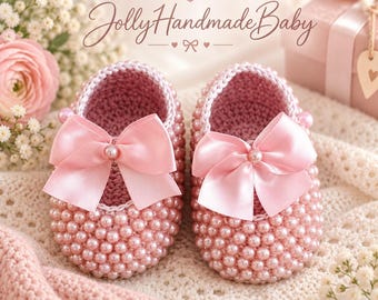 Handmade Pink Pearl Baby Booties with Satin Bows, Crochet Newborn Shoes