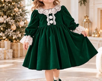 Green Velvet Christmas Dress for Baby Girl, Long Sleeve Holiday Dress with Lace Collar, Vintage Toddler Outfit